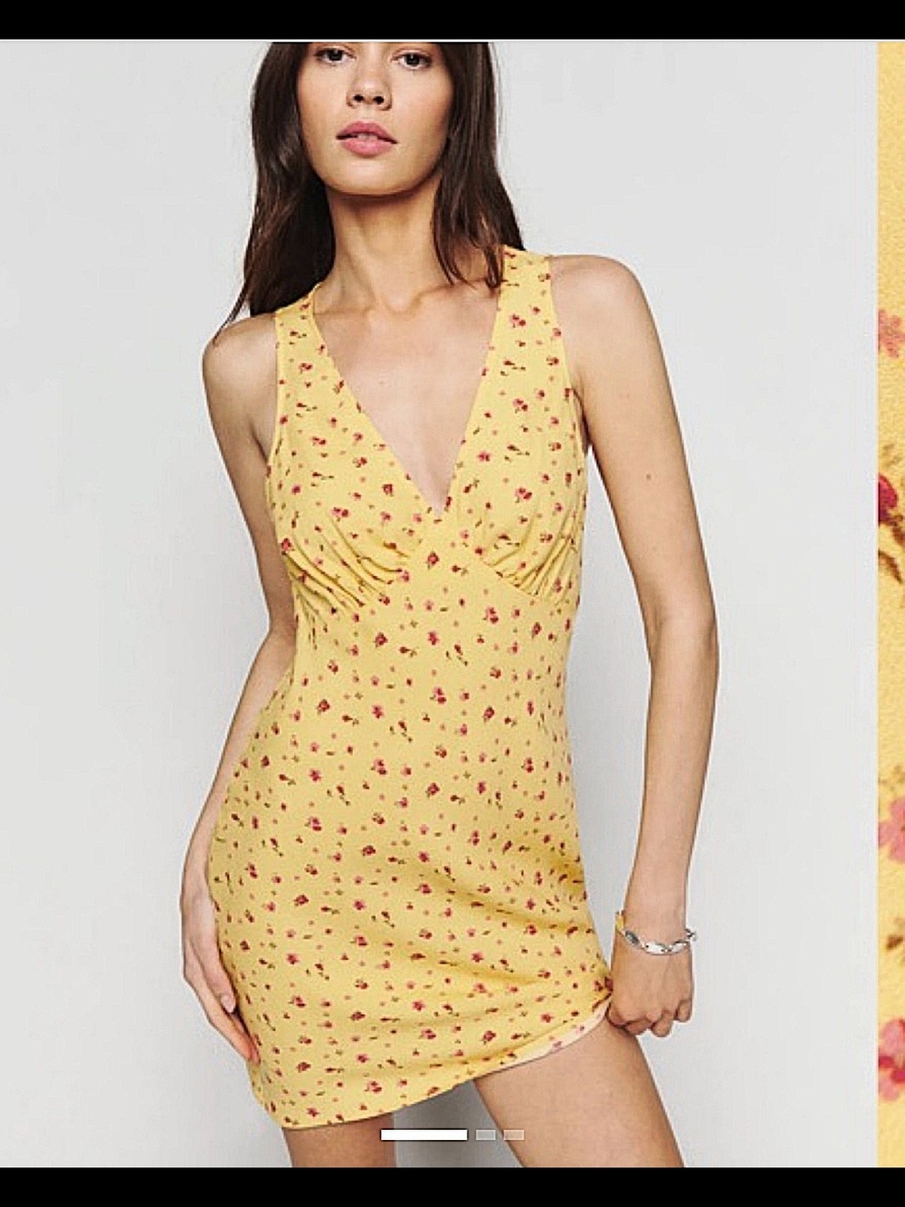 Reformation Calix Yellow Floral V-Neck Mini Dress